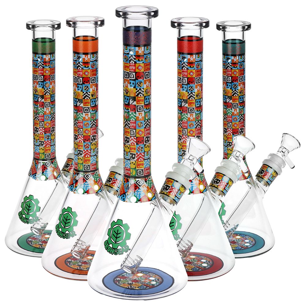 SeshGear Icon Blocks Pattern Beaker Glass Water Pipe - 10" / 14mm F / Colors Vary