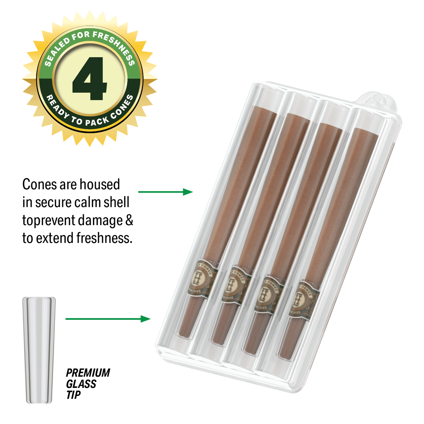 Pre-Rolled 4PK Mini Size Glass Tipped Hemp Cones | 12ct Display Multiple Flavors Available