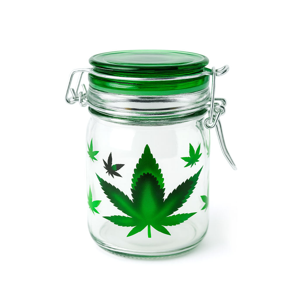 AIRTIGHT GLASS GREEN LEAF STORAGE CONTAINER TWO DIFFERENT SIZES