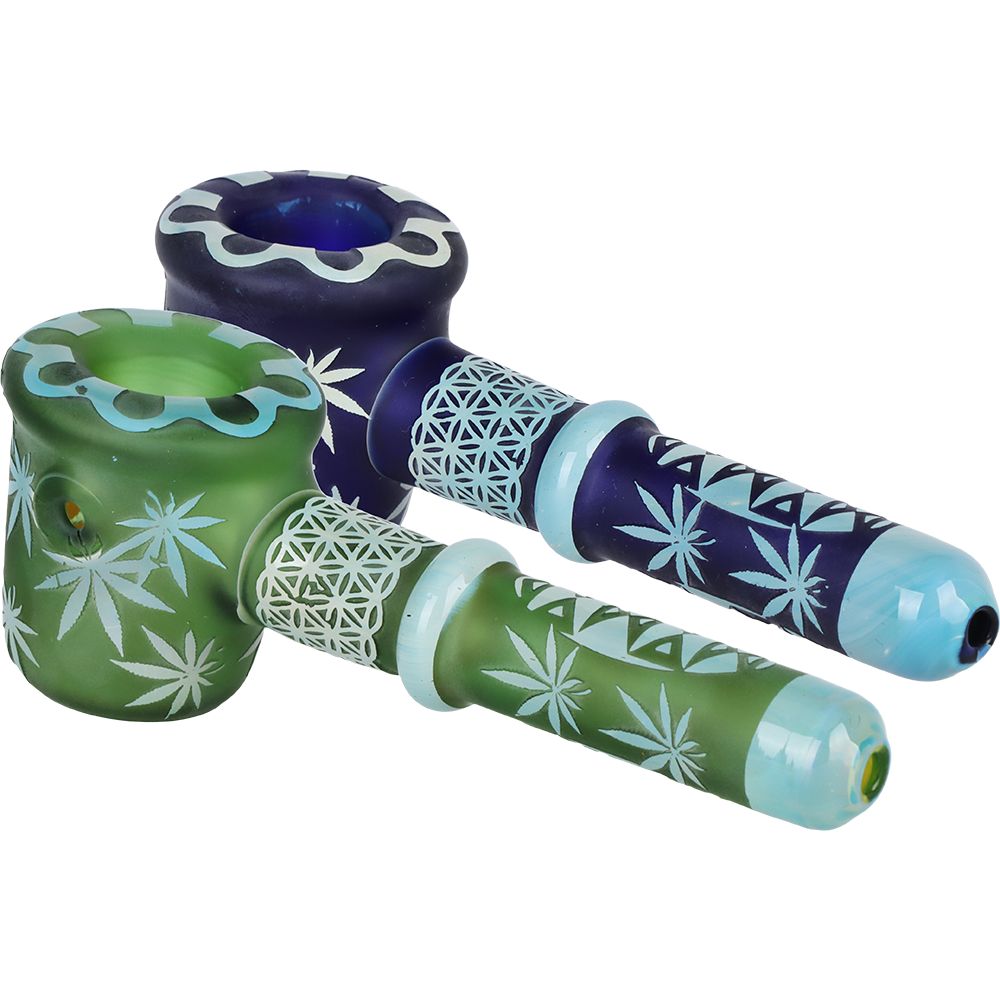 Flower of Leaf Sandblasted Glass Hand Pipe - 4.75"" / Colors Vary