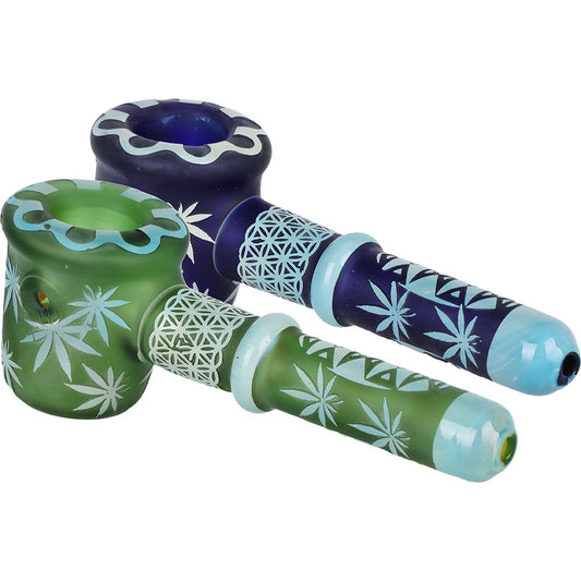 Flower of Leaf Sandblasted Glass Hand Pipe - 4.75"" / Colors Vary