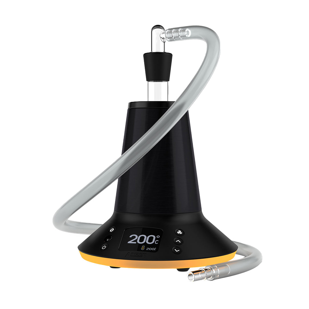 A crisp, front-facing studio product shot of the Arizer XQ2 Desktop Vaporizer configured with its 3-foot silicone whip system. The flexible, premium frosted silicone tubing attaches directly to the top chamber via a 360-degree swiveling borosilicate glass elbow adapter, showcasing the direct-draw setup designed for comfortable, hands-free group or solo sessions.