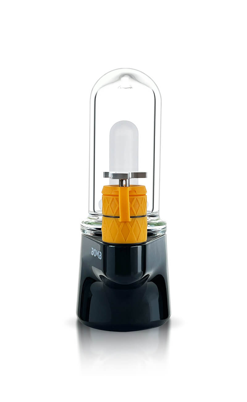 A clean studio product shot featuring the BOMB ERIG Sykloud Portable Electric Dab Rig in Black facing directly forward. The image highlights the symmetrical black base housing, the clear glass dome percolator top, and the front-facing yellow tethered atomizer chamber topped with the metal fidget spinner cap.