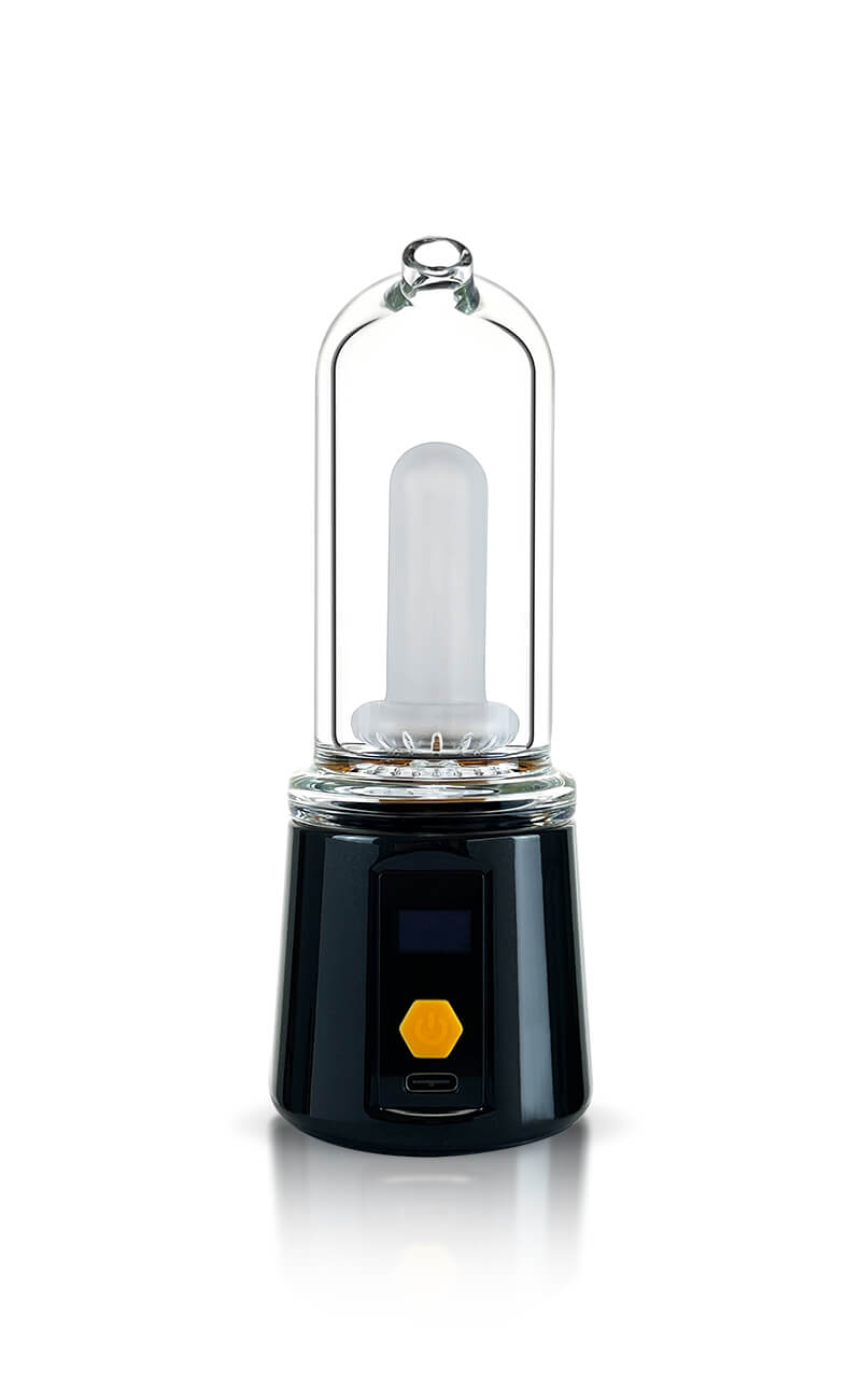 A direct studio product shot showing the back of the BOMB ERIG Sykloud Portable Electric Dab Rig in Black. The image highlights the smooth black chassis featuring the small digital screen panel, a bright yellow hexagonal power button, the USB Type-C charging port, and the clear glass dome bubbler top.
