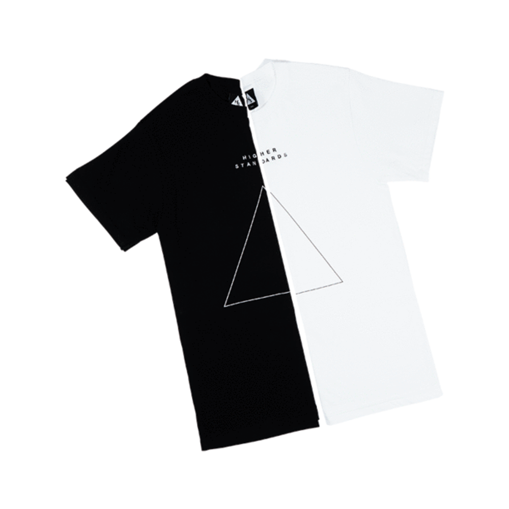 Minimalist graphic T-shirt by Higher Standards shown in black and white options, featuring an embroidered triangle outline.