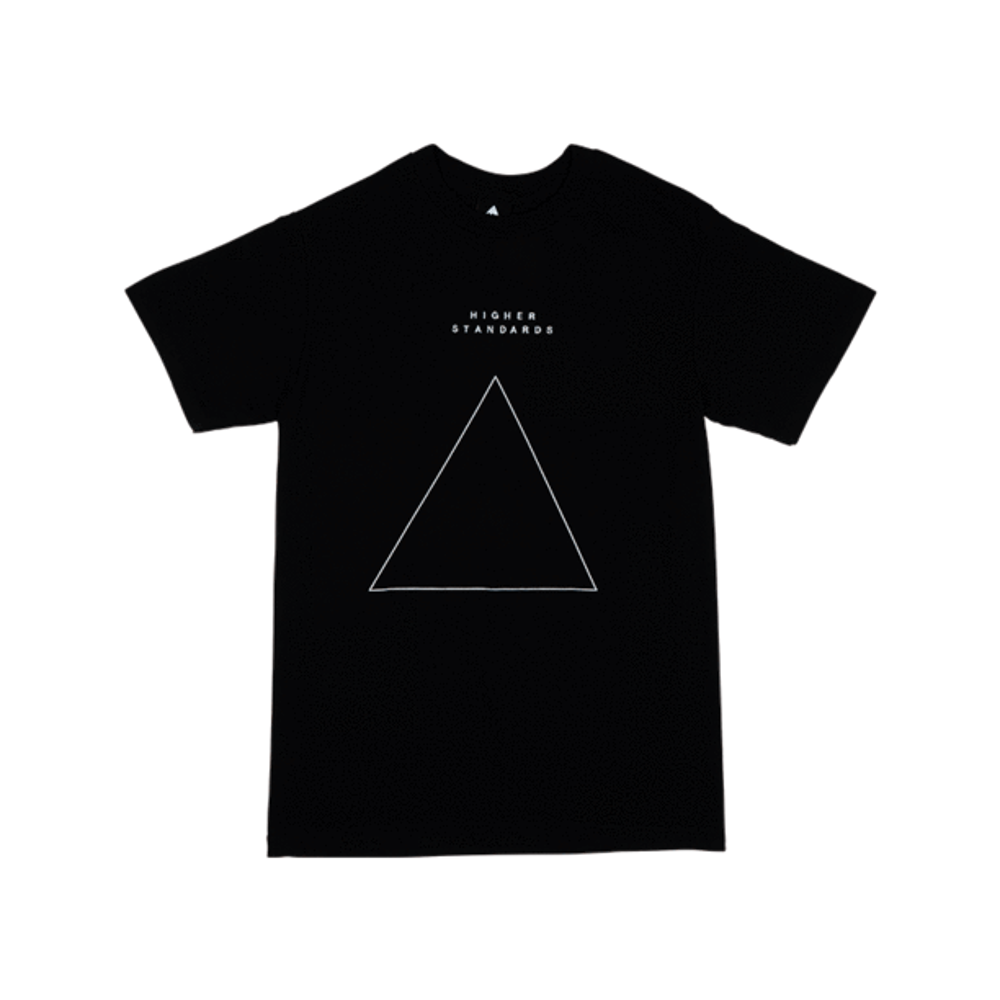 A single Higher Standards black T-shirt with the embroidered white triangle graphic centered on the chest."