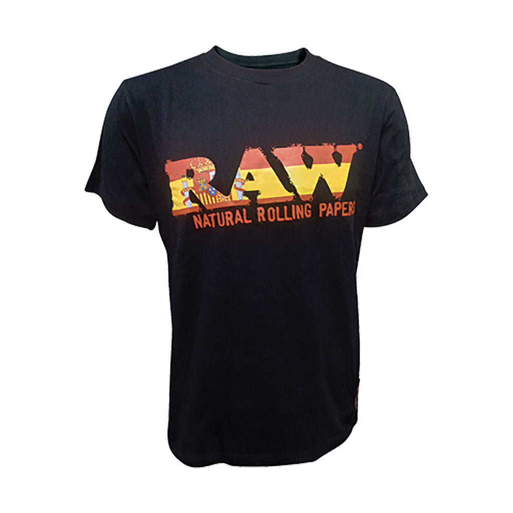 Black RP x RAW Natural Rolling Papers T-shirt with the iconic RAW logo in a Spanish Flag design.