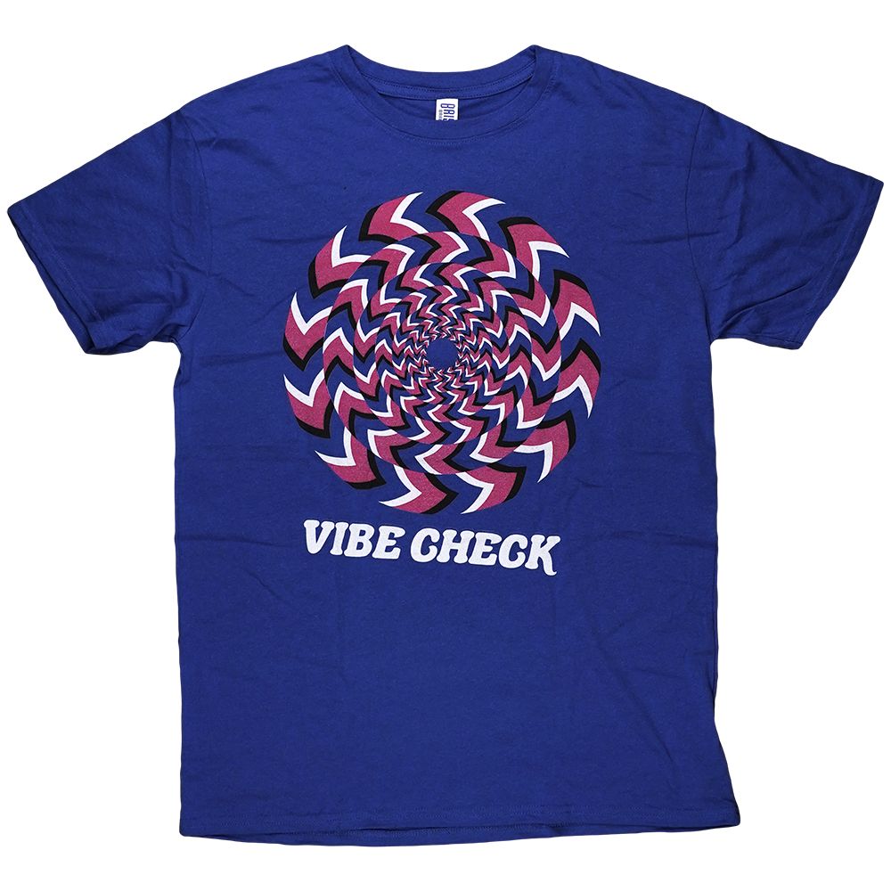 Blue Brisco Brands Vibe Check T-shirt featuring a purple and white hypnotic spiral graphic.