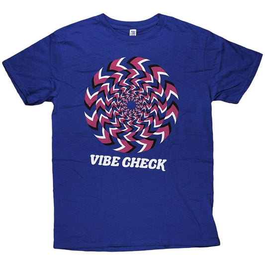 Blue Brisco Brands Vibe Check T-shirt featuring a purple and white hypnotic spiral graphic.
