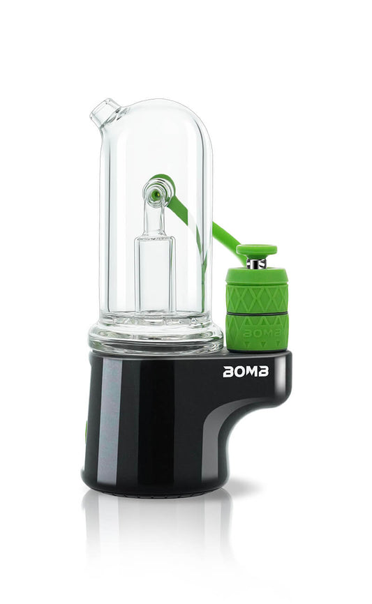 A direct side profile of the Bomb Erig Aerix in Black. This shot prominently features the "Bomb" logo on the base, the high-quality glass bubbler, and the vibrant green detachable airpath tube and matching green carb cap that distinguish this model's unique airflow system.