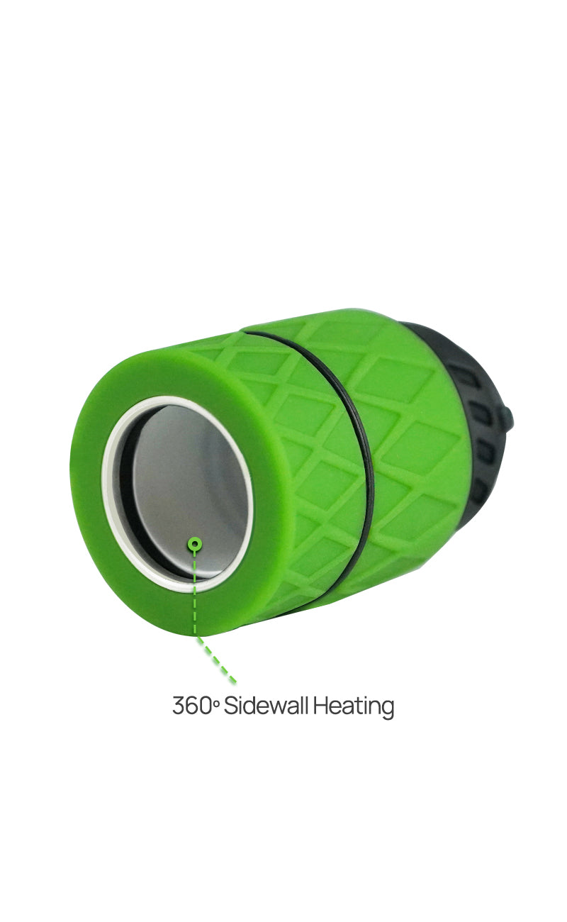 An angled shot of the Green Bomb Erig Aerix Atomizer laying down, featuring a technical label pointing to the interior. The label confirms the 360° sidewall heating technology within the ceramic bowl, highlighting its ability to provide even vaporization.