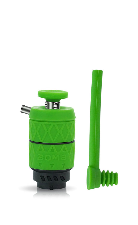 The Bomb Erig Aerix Atomizer kit in Green. The shot features the 510-threaded atomizer base alongside the removable green silicone airpath tube and the matching green rotatable carb cap.
