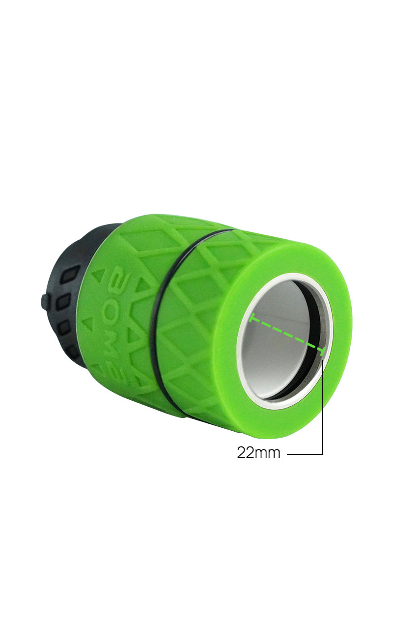 A close-up angled view of the Bomb Erig Aerix atomizer's heating element with a label pointing to the opening of the ceramic coil. The text explicitly identifies the 22mm diameter, emphasizing the deep chamber capacity for larger concentrate loads.
