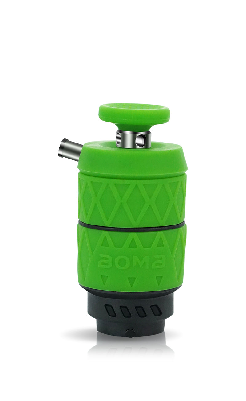 A close-up view of the Green Bomb Erig Aerix Atomizer with the carb cap installed. This image highlights the 22mm deep ceramic heating chamber and the high-quality threaded connection.
