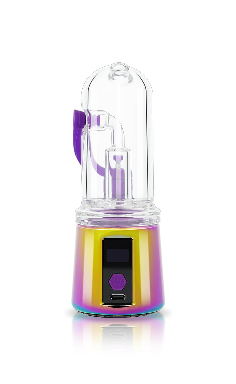 A direct back view of the Rainbow Bomb Erig Aerix base. This shot clearly shows the digital interface, the circular power/temp button, and the USB-C charging port. The multi-colored PVD finish on the base transitions from blue and purple to gold and green.