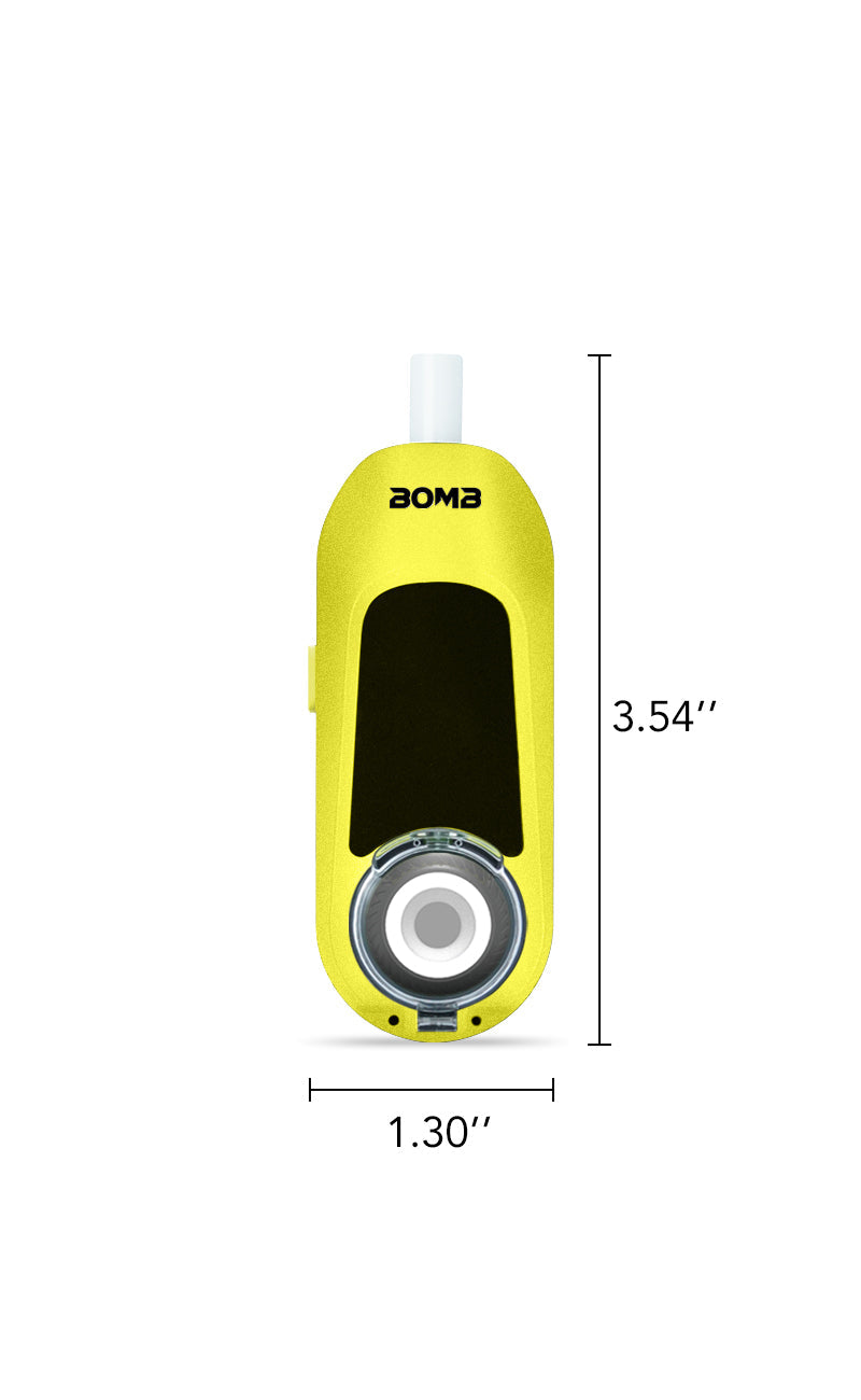 A front-facing view of the Bomb x VapX Magic Bean Liquid Lemon vaporizer with a digital dimension overlay. The device is shown to be ultra-portable, measuring 64.6mm in height and 31.5mm in width, emphasizing its compact "bean" shape.
