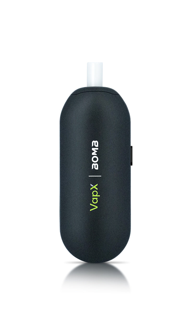 The back of the Onyx Black Bomb x VapX Magic Bean, showcasing the official Bomb × VapX collaboration branding. The matte black silicone finish provides a sleek, high-end look while emphasizing the device's specialized heat-resistant construction.