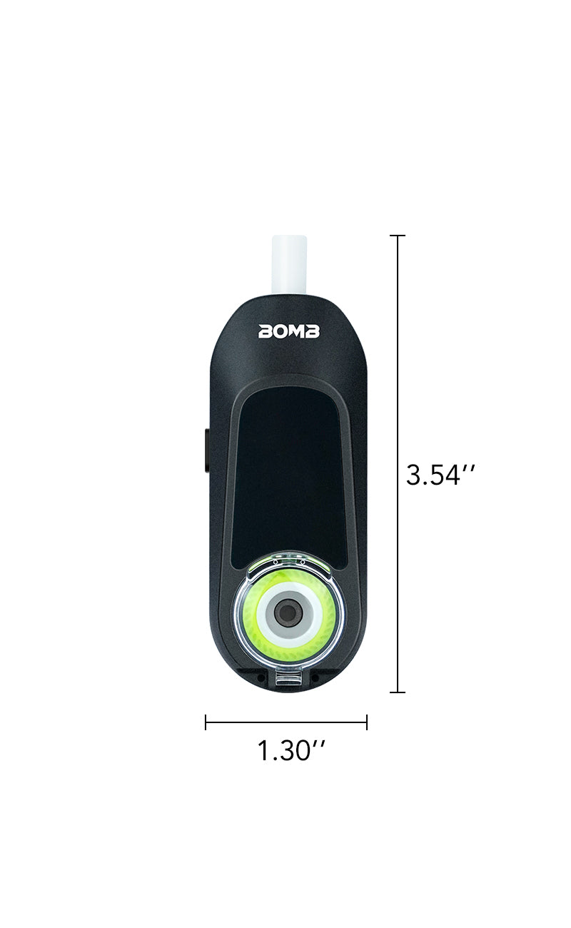 A front view of the Bomb x VapX Magic Bean featuring a digital dimension overlay. The device is shown to be ultra-compact, measuring approximately 64.6mm in height and 31.5mm in width, illustrating its "pod-style" portability for discrete on-the-go dabbing.