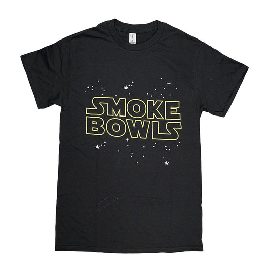 Black Brisco Brands Smoke Bowls T-shirt featuring a yellow sci-fi inspired logo with cannabis leaf accents and star field graphic.