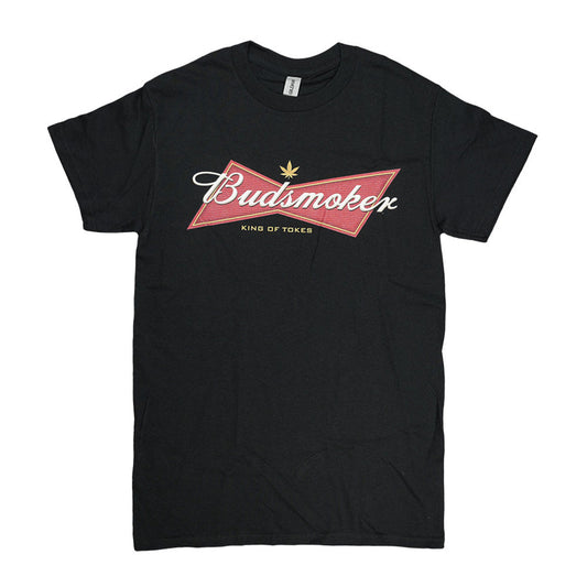 Black Brisco Brands Budsmoker T-shirt featuring a red and white beer-inspired parody logo with a gold cannabis leaf and 'KING OF TOKES' text.