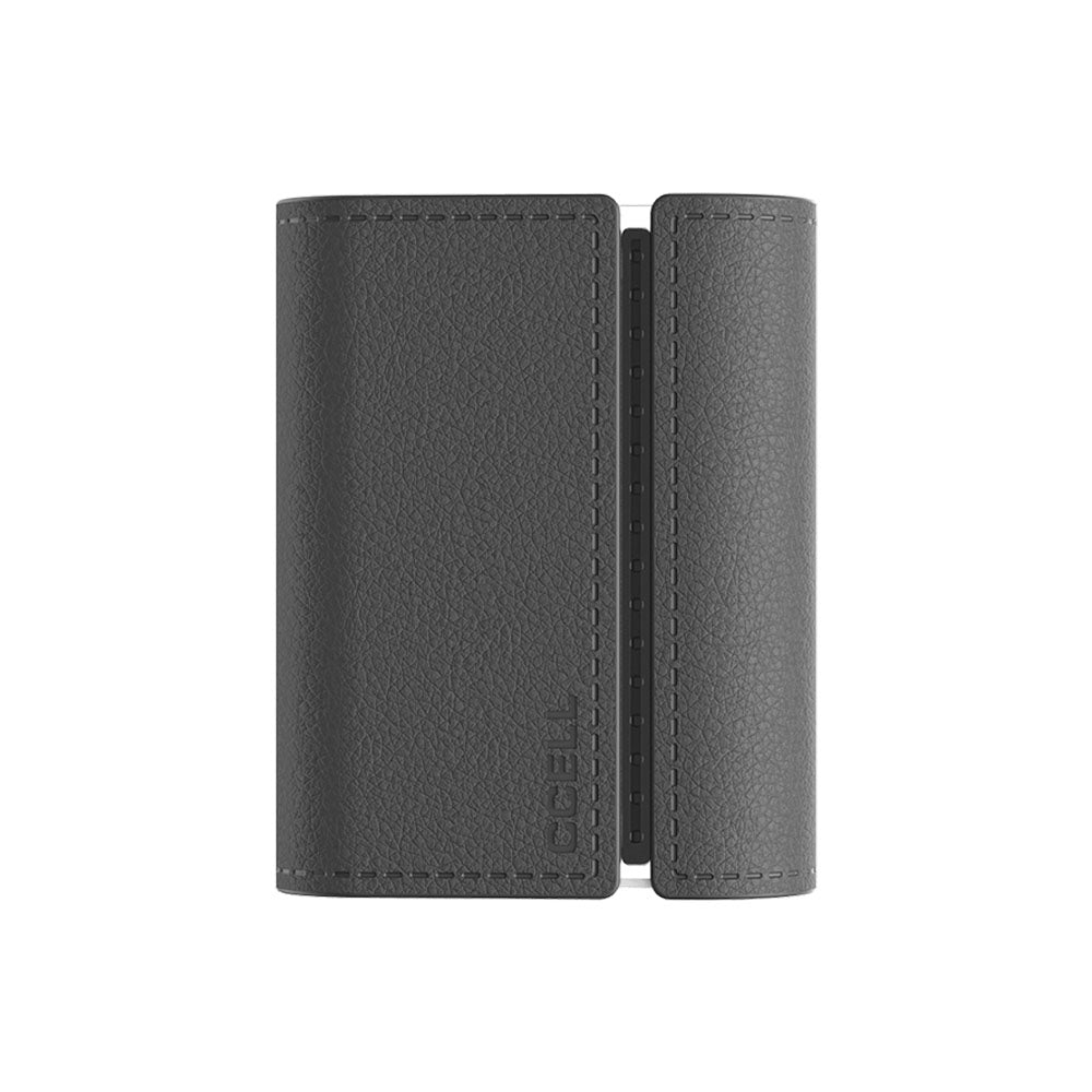 A front-angle studio shot of the CCELL Fino in Obsidian with Platinum. The system is showcased inside its premium, textured black faux-leather case with the flap closed, emphasizing its high-end, minimalist aesthetic and compact rectangular wallet profile.