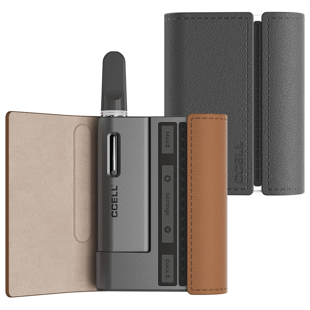 A multi-device studio presentation of the CCELL Fino color lineup. On the left, the Cocoa with Moon Gray variant is shown with its soft brown faux-leather case open, exposing the gray power dock charging the micro-battery with a clear 510 oil cartridge installed. On the right, the Obsidian with Platinum variant is shown fully enclosed in its sleek, textured black leather case.