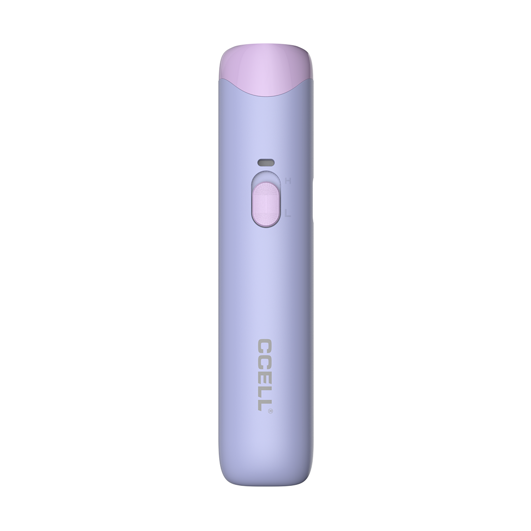 A front-profile view of the CCELL Go Stik 510 Battery in Lavender. The device is shown in a soft, matte pastel purple. This view highlights the slim, pocket-friendly design and the functional voltage slider. The consistent branding and minimalist aesthetic are clear, making this a stylish choice for a portable 510 battery.