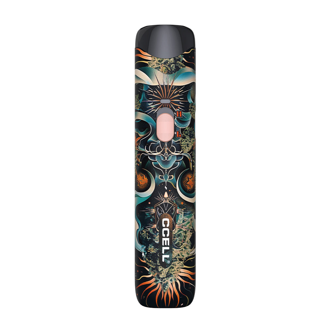 A front-profile view of the CCELL Go Stik 510 Battery in Limited Edition Tattoo. This variant showcases a sophisticated, monochrome geometric pattern in abstract blues and black. The device features intricate symmetric linework and stylized sacred geometry covering the entire chassis. The clean, silver-tone voltage slider ("H/L") provides a functional contrast to the detailed, high-resolution aesthetic of the limited edition design, positioned against a seamless white background.