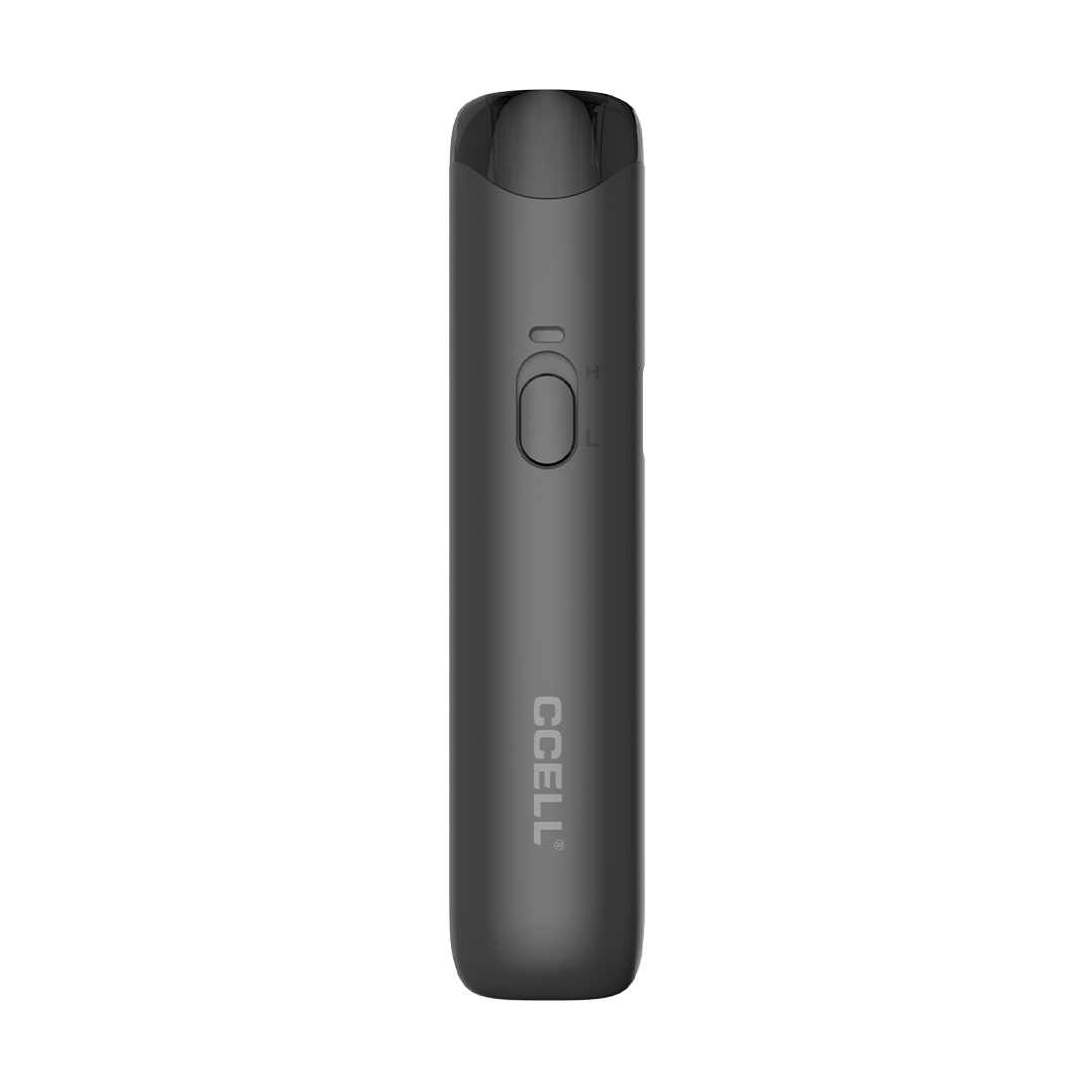 A front-profile view of the CCELL Go Stik 510 Battery in Onyx Black. The image showcases the device in a classic, professional matte black finish. This "stealth" variant emphasizes the Go Stik’s slim profile and simple draw-activated interface, including the integrated LED indicator and "H/L" power slider.