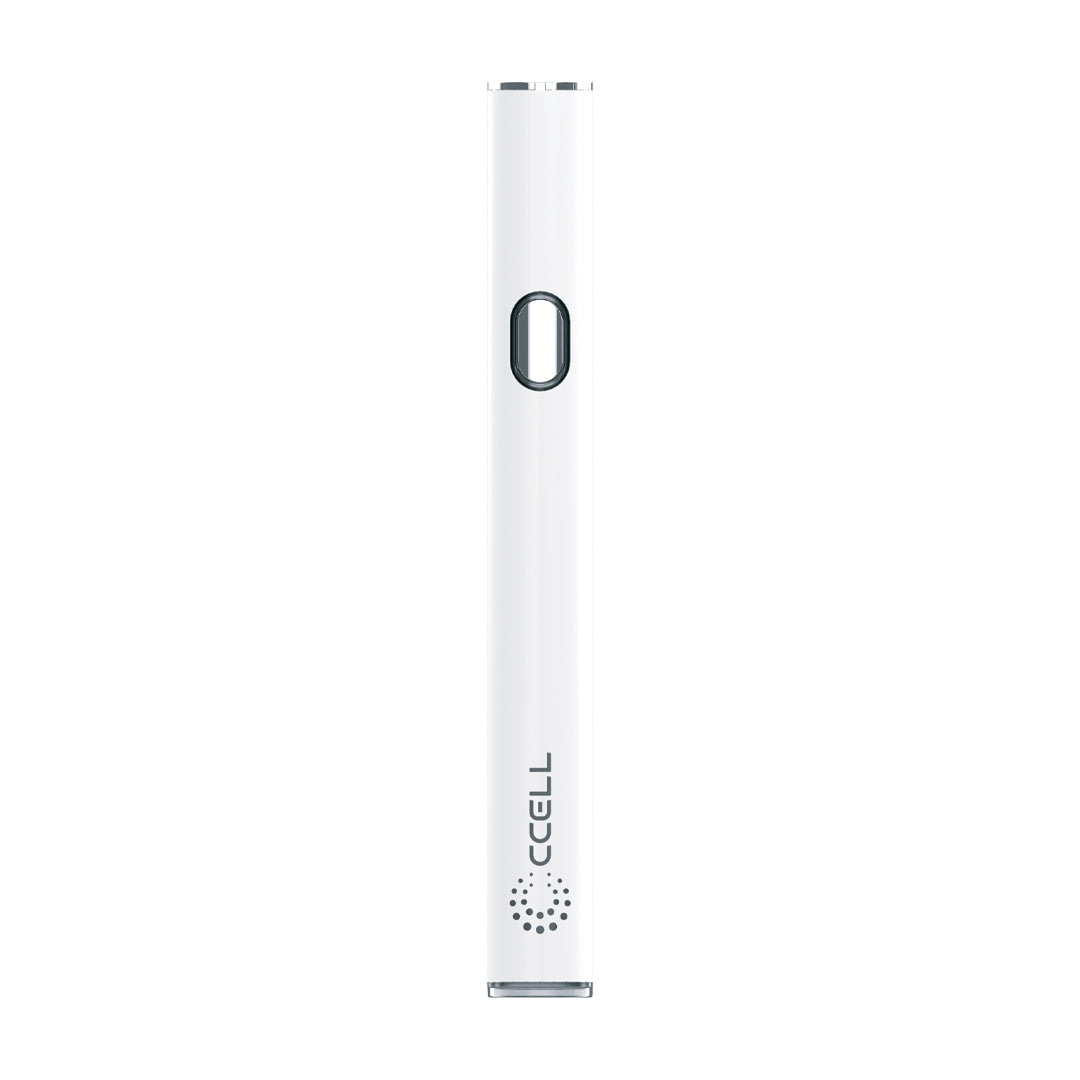 Minimalist white CCELL M4B Pro vape battery, a high-performance 510-threaded pen with adjustable voltage dial for premium oil and wax cartridges.