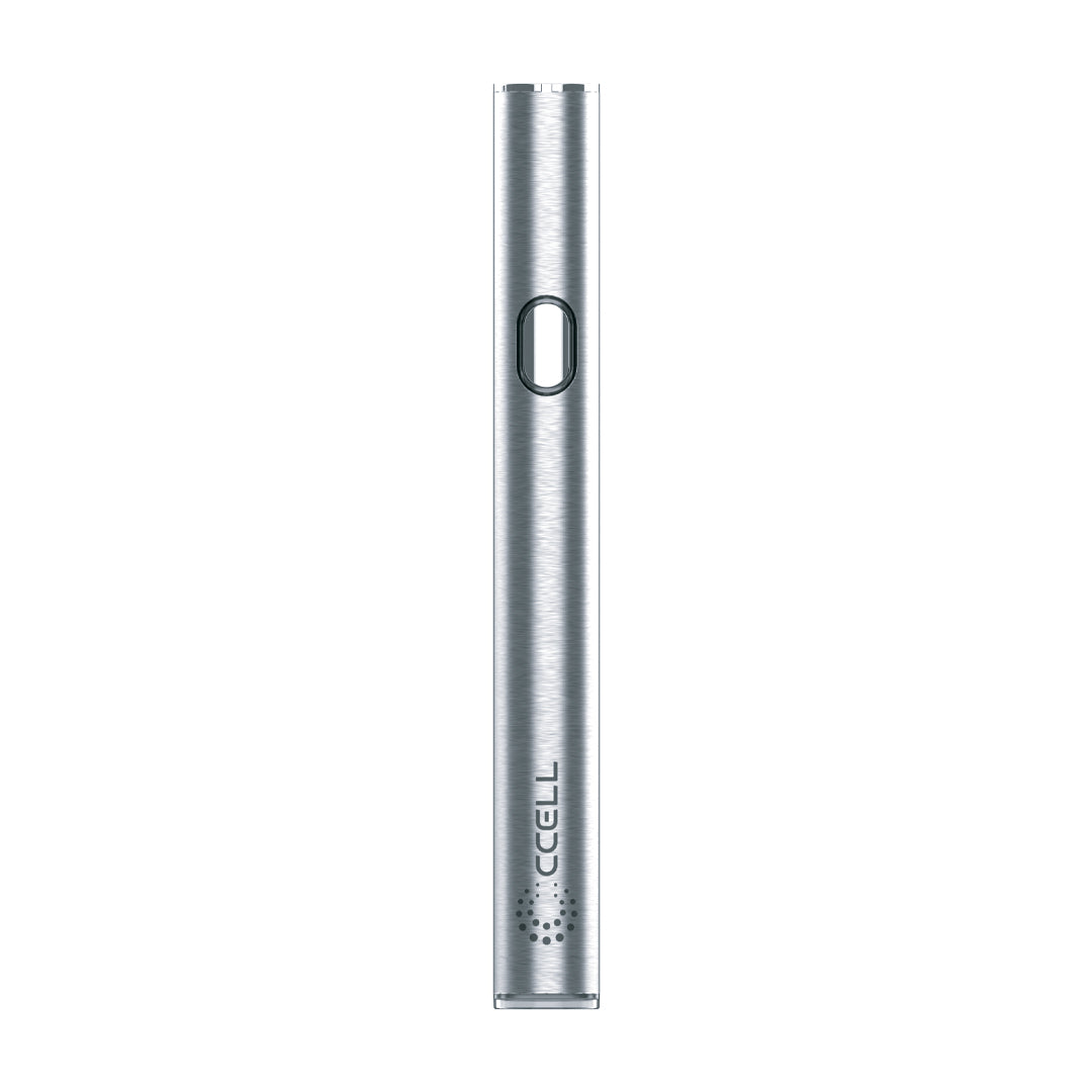 Brushed silver CCELL M4B Pro variable voltage vape pen, showing the metallic finish and the iconic CCELL logo on a slim, portable 510 battery.