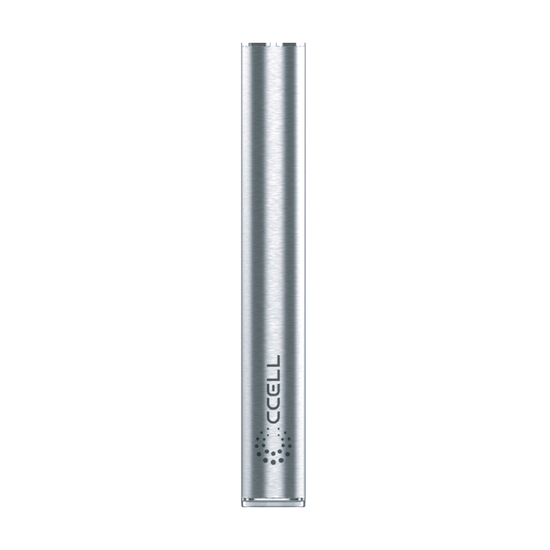 The CCELL M4 in a polished Stainless Steel finish, highlighting its durable metallic construction and slim 10.5mm diameter designed for a seamless fit with 510-thread cartridges.