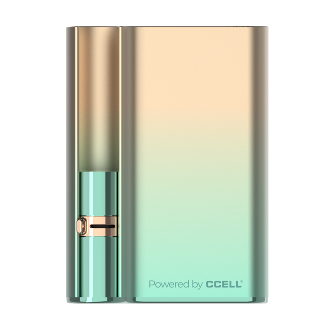 The CCELL Palm Pro in an elegant Champagne Gold finish, highlighting the modern design and emphasizing its lightweight and portable aluminum alloy body.