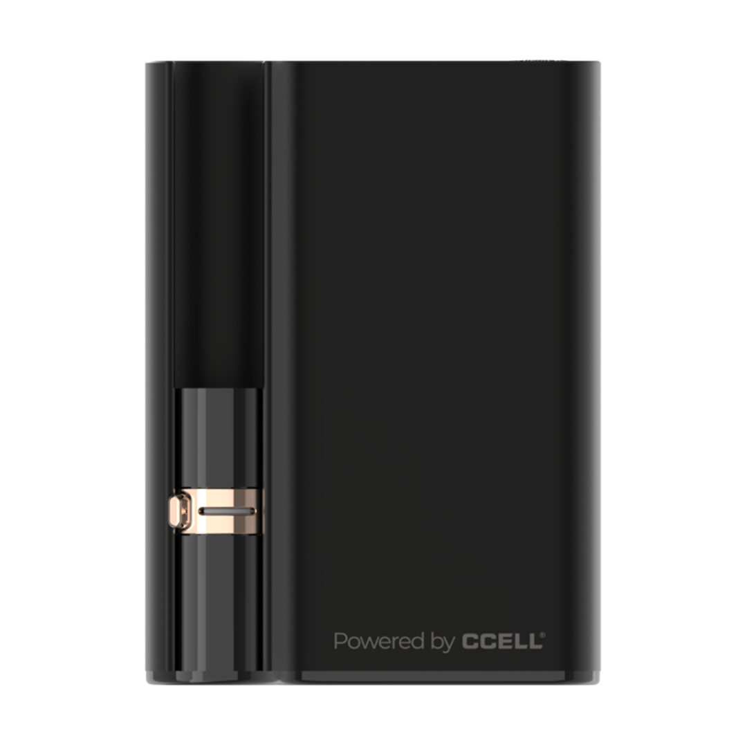 The CCELL Palm Pro in Graphite, featuring a professional dark grey matte finish. This shot emphasizes the device's minimalist aesthetic and the tactile airflow control switch located on the side.