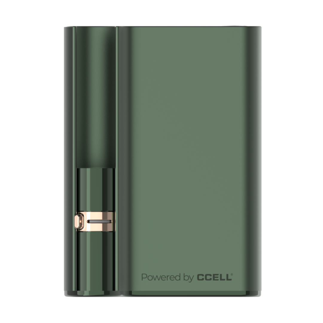 The CCELL Palm Pro in a vibrant Green metallic color, illustrating the ultra-compact form factor that allows it to be completely hidden in the palm of a hand.