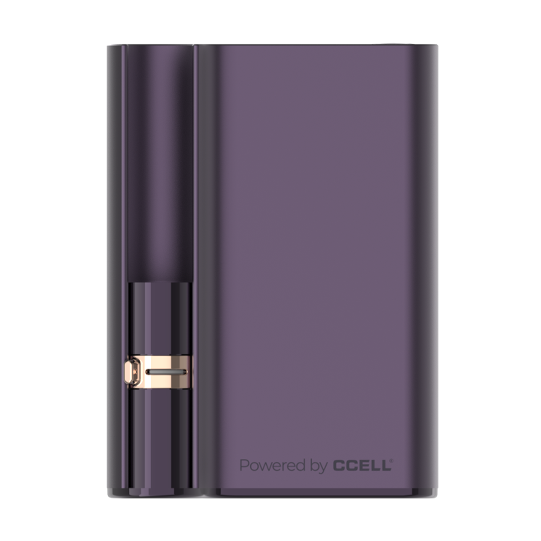 The CCELL Palm Pro in a deep, rich Purple metallic finish, showcasing the device's sleek, unibody aluminum shell and its top-loading magnetic cartridge chamber.