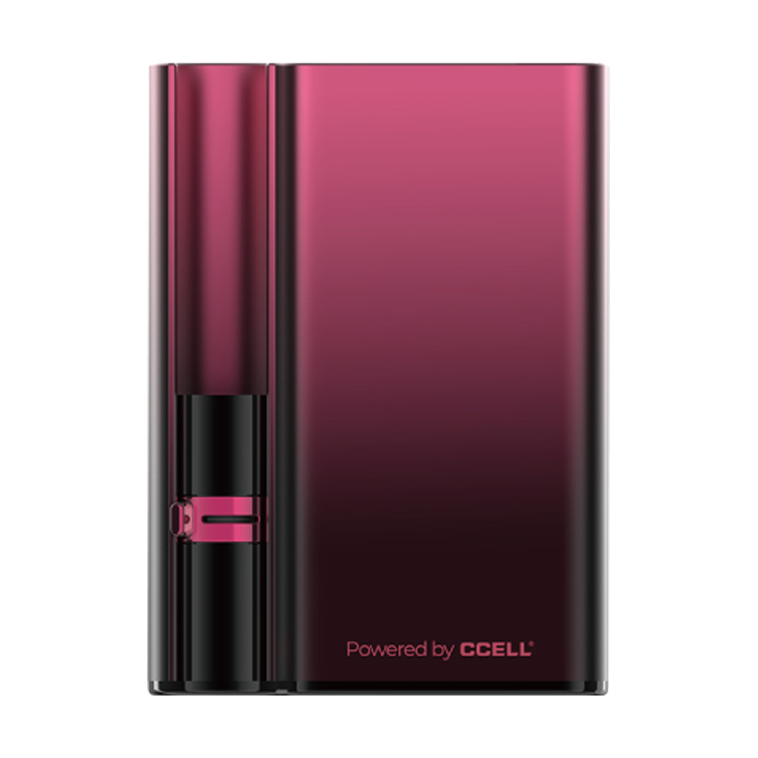 The CCELL Palm Pro in Royal Ruby, showcasing its vibrant red metallic finish and compact, ergonomic design. The image highlights the top-loading 510-thread port and the sleek side-profile.