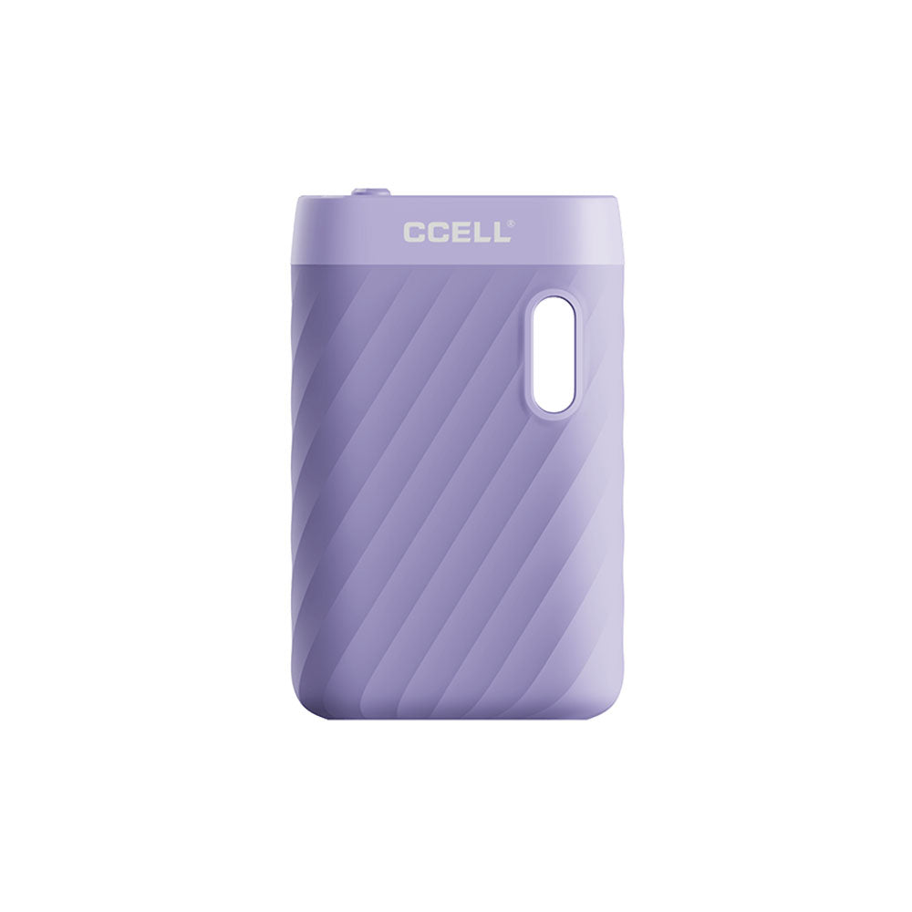 A front-facing studio profile shot of the CCELL Sandwave in Lavender. The device features a soft, pastel lavender purple matte finish across its distinct wavy, contoured ridge frame, accentuating the clean alignment of the top mechanical voltage slide switch.