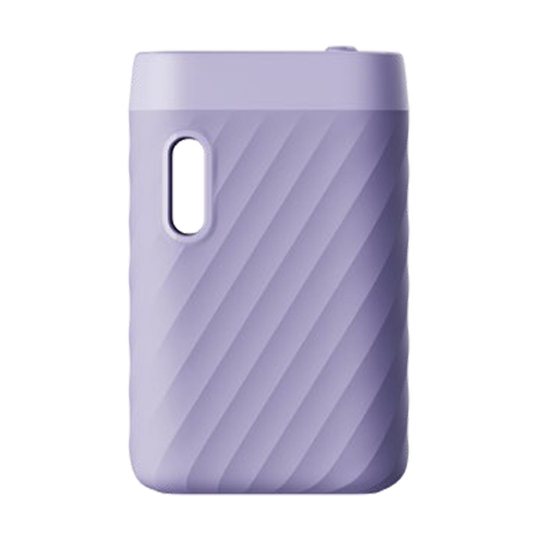 A front-profile view of the CCELL Sandwave Variable Voltage Battery in Lavender. The device is shown in a delicate matte purple finish with a matching lavender top accent. This shot emphasizes the slip-resistant ridges and compact box-mod form factor, perfect for discreet on-the-go sessions.