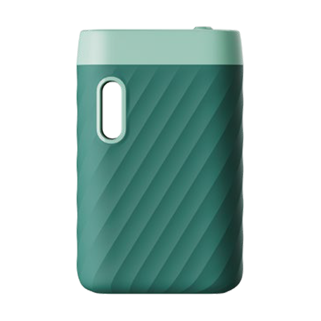 A front-profile view of the CCELL Sandwave Variable Voltage Battery in Marine Green. The device features a deep, sea-green body with a lighter mint-green top accent. This shot emphasizes the ergonomic ridges and the integrated viewing window, showcasing the stylish, dual-tone aesthetic of this portable vape battery.