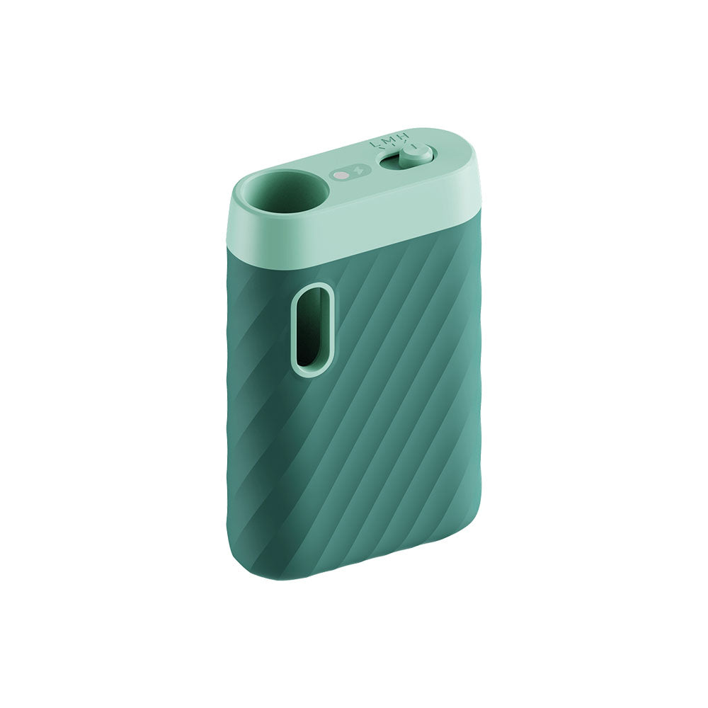An angled profile studio shot of the CCELL Sandwave in Marine Green. This perspective highlights the ergonomic curves and deep, wave-like contoured ridges along the side of the chassis, emphasizing the device's soft-touch grip and compact depth.