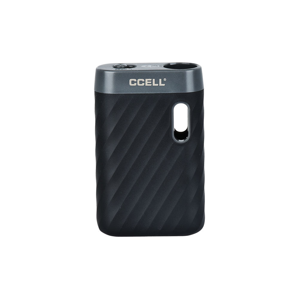 A front-facing studio shot of the CCELL Sandwave in Midnight Black. The device features a deep, uniform matte black finish that accentuates its distinctive, wavy contoured ridge design. The top of the unit showcases the recessed cartridge drop-in slot and the physical three-level voltage slide switch.