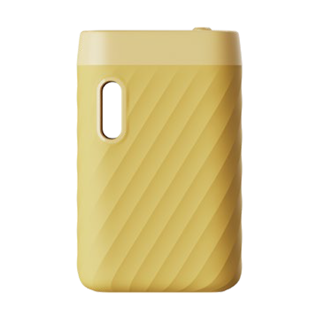 A front-profile view of the CCELL Sandwave Variable Voltage Battery in Tropical Yellow. The device is shown in a bright, sunshine-yellow matte finish with a matching yellow top accent. The image emphasizes the slip-resistant ridges and the integrated cartridge viewing window, perfect for easy oil level monitoring.