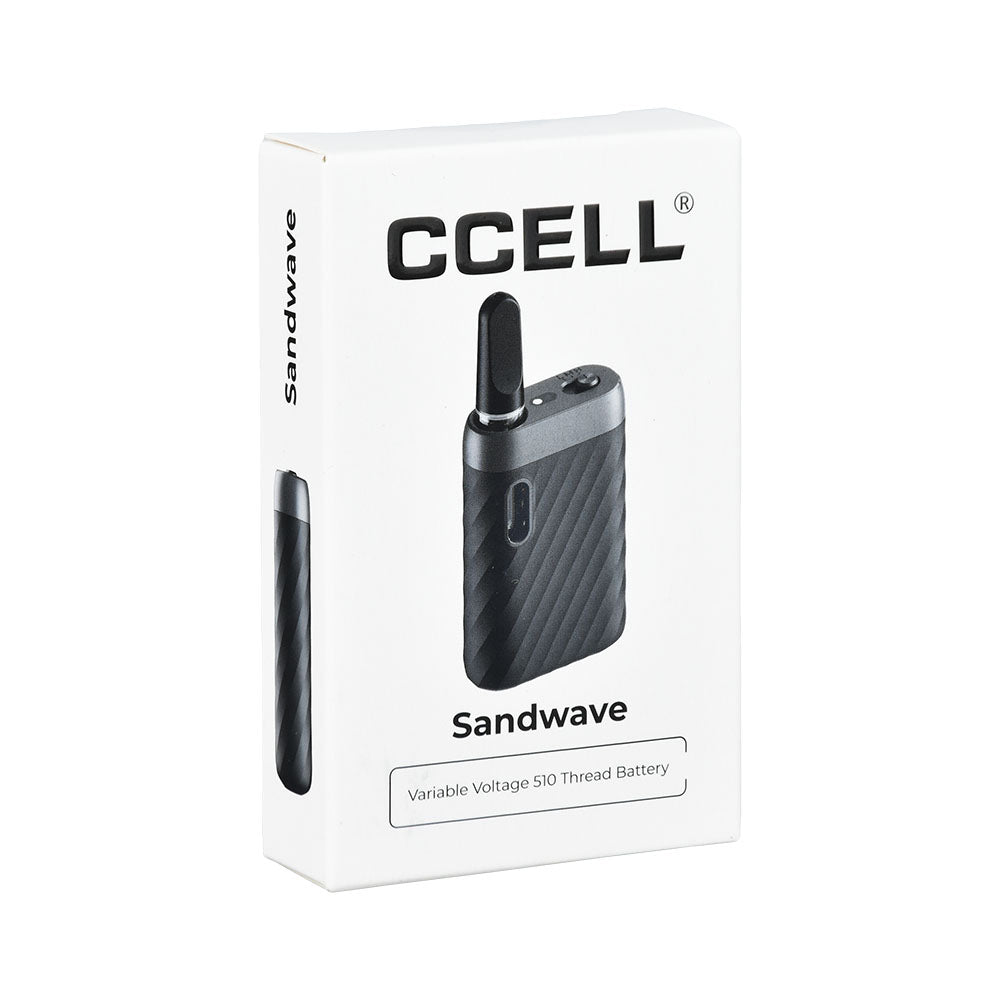 A clean, front-facing studio shot of the official CCELL Sandwave 510 Cartridge Battery retail box. The premium packaging highlights crisp graphics of the device, clearly calling out the 400mAh battery capacity, 3-speed voltage toggle, and drop-in magnetic connection.