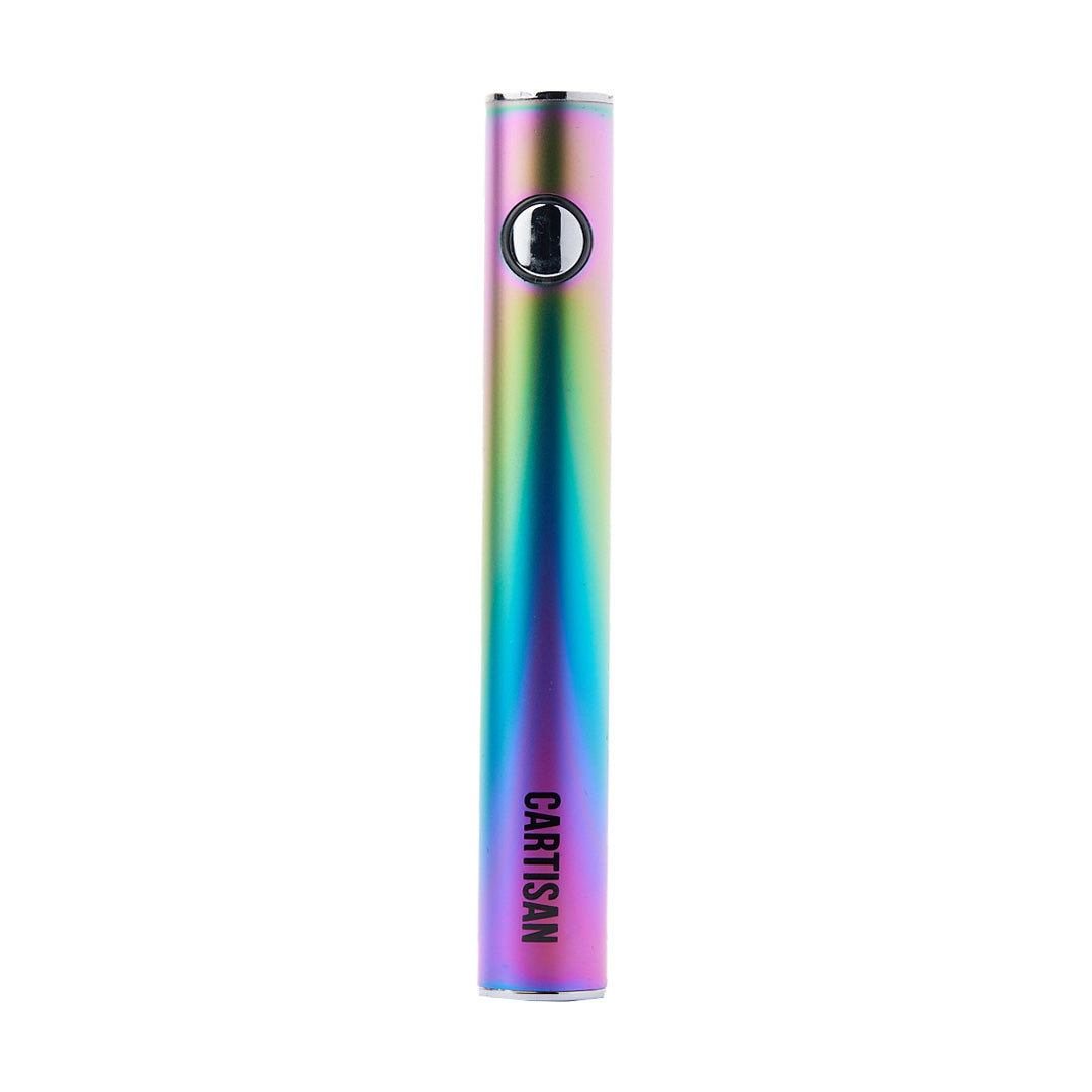 Cartisan Button VV 900 Dual Charge 510 Battery in Rainbow Neo-Chrome, highlighting the specialized flat-top design optimized for 2G cartridges.