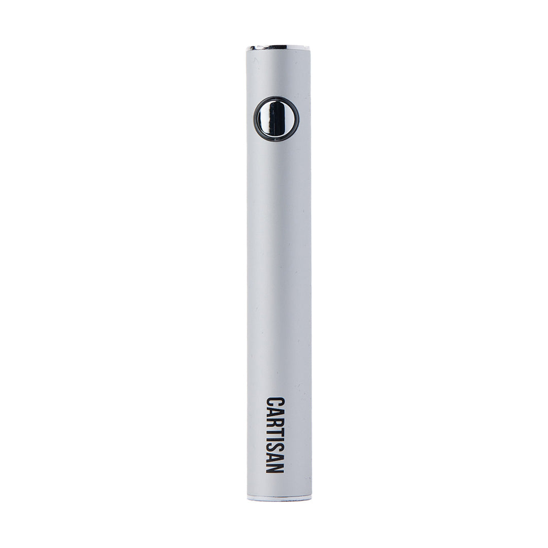 Cartisan Button VV 900 Dual Charge 510 Battery in Silver Metallic, showcasing the large power button and variable voltage settings (3.4V, 3.7V, 4.0V).