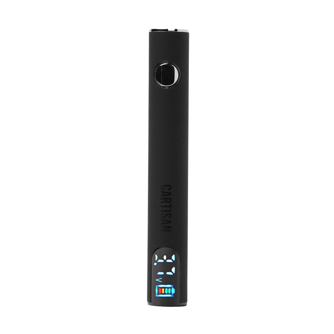 A front-facing studio shot of the Cartisan Pro Pen NEO 650 in Black. This sleek, pen-style 510 battery features a matte black finish, a circular firing button, and a vibrant color digital display at the base showing the voltage setting and battery life.