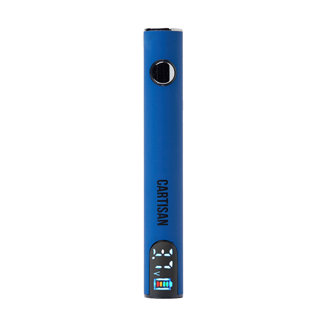 A front-profile view of the Cartisan Pro Pen NEO 650 in Blue. The device is shown in a deep matte blue finish, highlighting its slim, ergonomic design and the integrated color screen that displays precise power metrics for an optimized vaping experience.