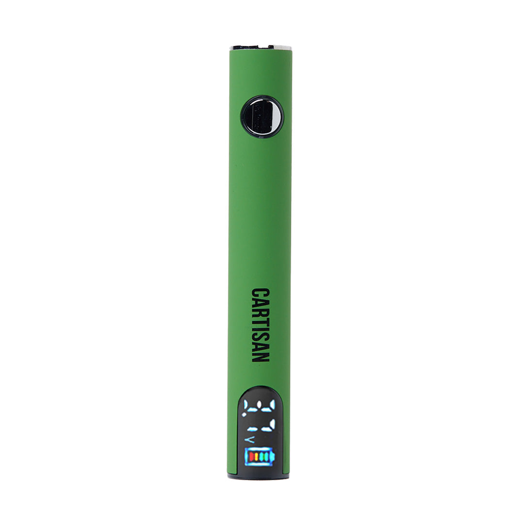 A front-facing vertical shot of the Cartisan Pro Pen NEO 650 in Green. The device features a soft matte lime green finish, highlighting the centered circular power button and the lower color digital screen displaying a 3.7V output setting.