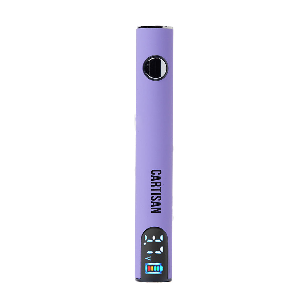 A front-profile view of the Cartisan Pro Pen NEO 650 in Purple. This sleek 510 battery is shown in a smooth matte lavender-purple finish. The image emphasizes the clear, high-contrast digital display at the base and the slim, pen-style construction.